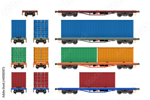 VECTOR EPS10 - various freight car, train cargo wagons, flatbed with container