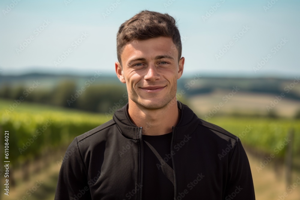 Close-up portrait photography of a satisfied boy in his 30s wearing a comfortable tracksuit against a vineyard background. With generative AI technology