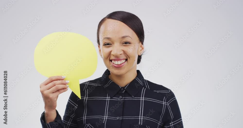 Woman in portrait, speech bubble with poster mockup and social media with communication on white background. Online voice, happy female person with signage, feedback chat and news announcement