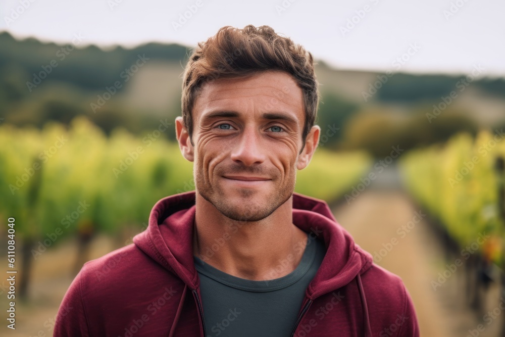 Close-up portrait photography of a satisfied boy in his 30s wearing a comfortable tracksuit against a vineyard background. With generative AI technology Close-up portrait photography of a satisfied boy in his 30s wearing a comfortable tracksuit against a vineyard background. With generative AI technology