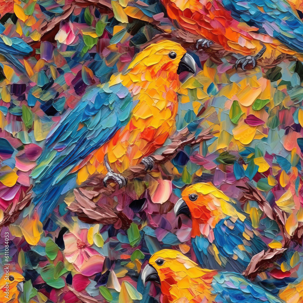 Fototapeta premium Birds oil painting seamless repeat pattern, colorful, impressionism [Generative AI] 