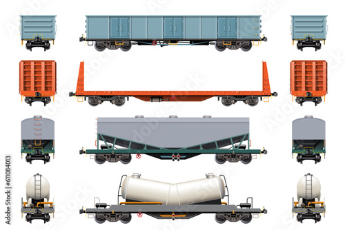 VECTOR EPS10 - various freight car, train cargo wagons,side view front and rear, isolated on white background.