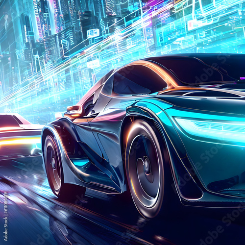 Electric Cars racing in Futuristic City. Ai generated.