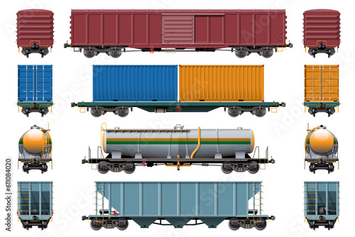 VECTOR EPS10 - various freight car, train cargo wagons,side view front and rear, isolated on white background. photo
