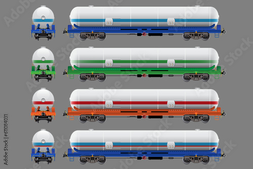 VECTOR EPS10 - various tank car, freight car, train cargo wagons, side view front and rear.