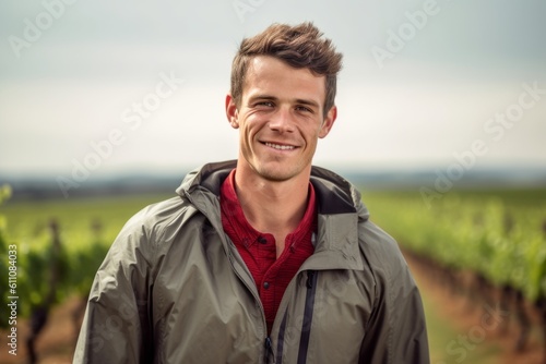 Medium shot portrait photography of a satisfied boy in his 30s wearing a lightweight windbreaker against a vineyard background. With generative AI technology