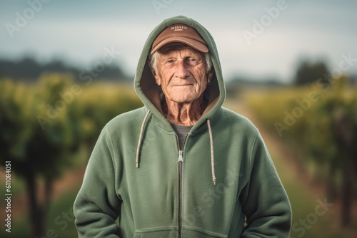Environmental portrait photography of a glad old man wearing a stylish hoodie against a vineyard background. With generative AI technology