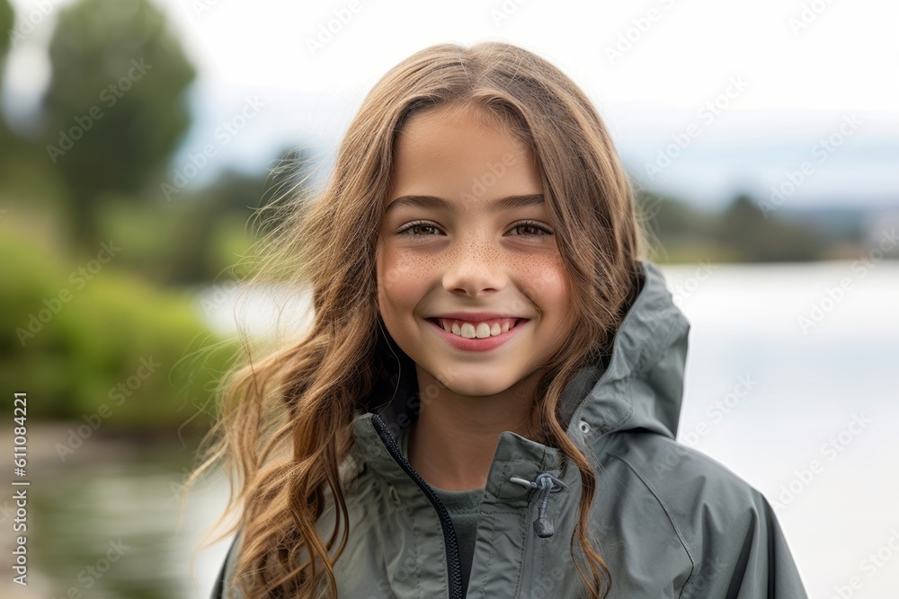Medium shot portrait photography of a grinning kid female wearing a lightweight windbreaker against a tranquil lake background. With generative AI technology Medium shot portrait photography of a grinning kid female wearing a lightweight windbreaker against a tranquil lake background. With generative AI technology