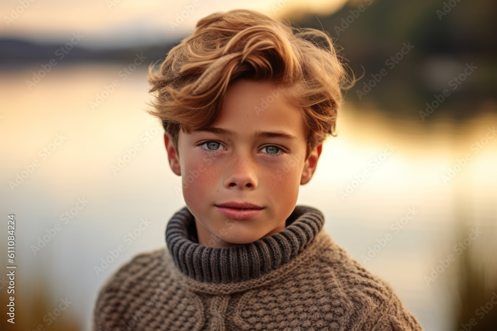 Medium shot portrait photography of a glad kid male wearing a cozy sweater against a tranquil lake background. With generative AI technology