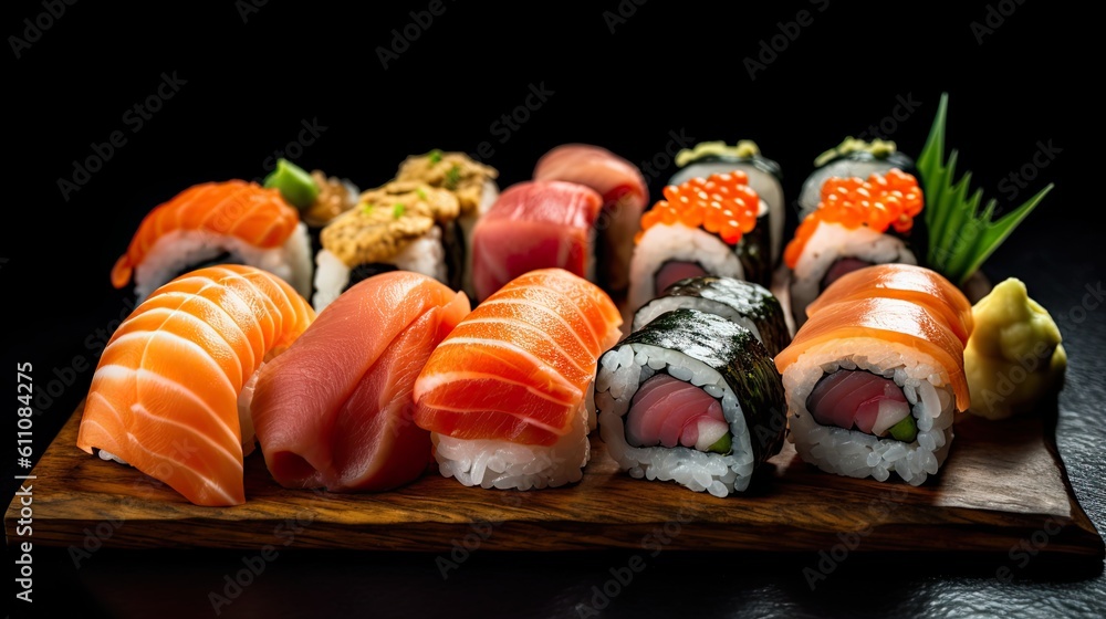 Sushi Photography, Professional & Cinematic & Studio Shot, Studio lighting, cinematic shadows, highly sturated subject, close up. Generative AI. Sushi Photography, Professional & Cinematic & Studio Shot, Studio lighting, cinematic shadows, highly sturated subject, close up. Generative AI.