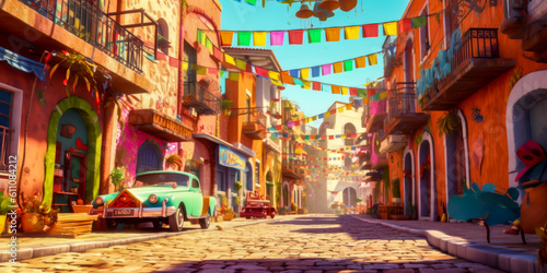 animated colorful city street with flags, flowers and balloons, generative ai