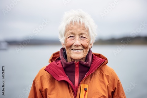 Lifestyle portrait photography of a grinning old woman wearing a lightweight windbreaker against a tranquil lake background. With generative AI technology © Markus Schröder