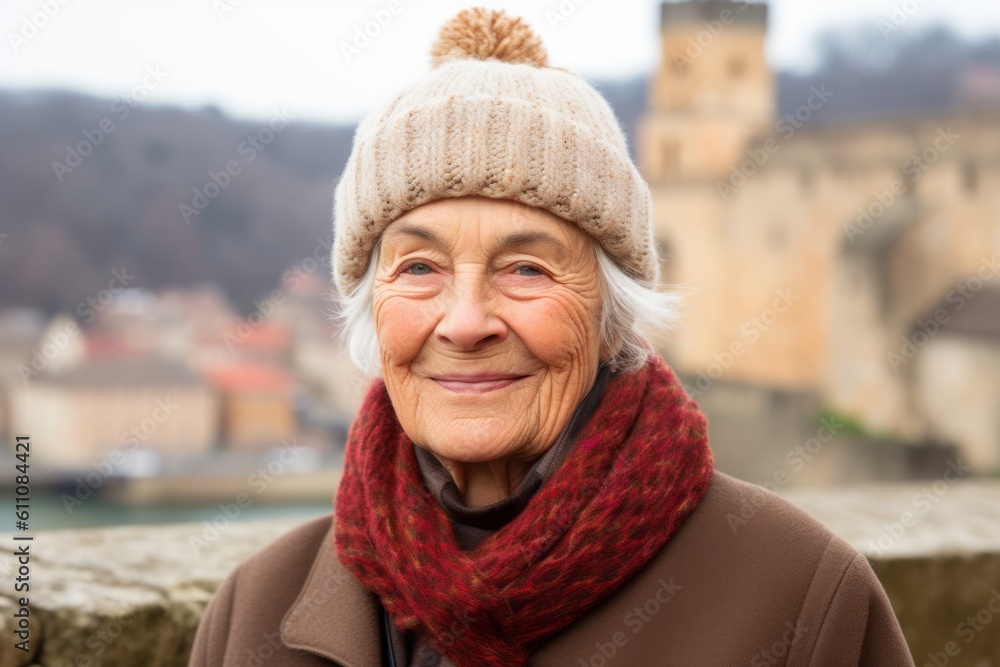 Medium shot portrait photography of a glad old woman wearing a warm beanie or knit hat against a medieval castle background. With generative AI technology Medium shot portrait photography of a glad old woman wearing a warm beanie or knit hat against a medieval castle background. With generative AI technology