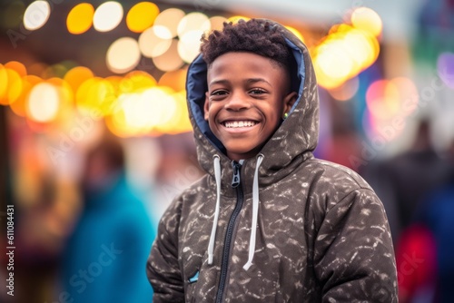 Environmental portrait photography of a grinning kid male wearing a cozy zip-up hoodie against a vibrant festival background. With generative AI technology © Markus Schröder
