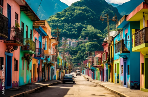 colorful buildings with mountains and street, generative ai