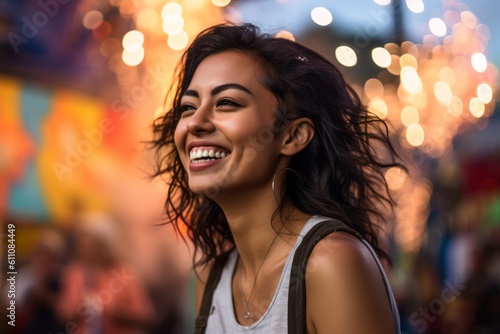 Lifestyle portrait photography of a happy girl in her 30s wearing comfortable jeans against a vibrant festival background. With generative AI technology