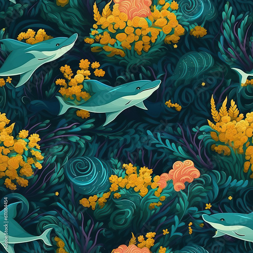 Dolphins seamless repeat pattern - fantasy colorful cubism, abstract art [Generative AI]  © Roman