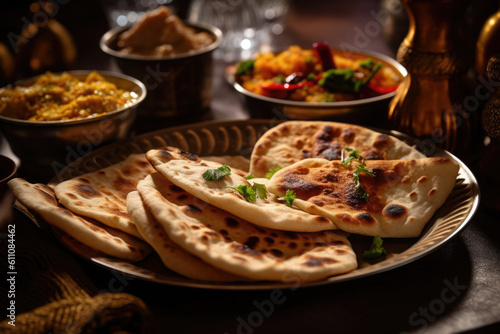 Indian naan bread in plate. Flatbread with parsley and spices. Indian cuisine. Created with Generative AI