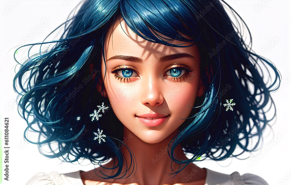 Close up portrait of beautiful young woman with blue hair. Generative AI.