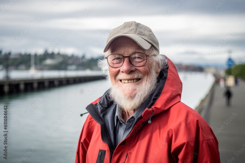 Environmental portrait photography of a happy old man wearing a lightweight windbreaker against a riverfront background. With generative AI technology