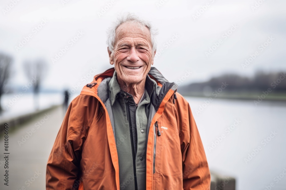 Environmental portrait photography of a happy old man wearing a lightweight windbreaker against a riverfront background. With generative AI technology Environmental portrait photography of a happy old man wearing a lightweight windbreaker against a riverfront background. With generative AI technology
