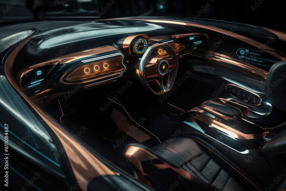 Futuristic interior of luxury car. Car cockpit with digital dashboard without driver. Created with Generative AI