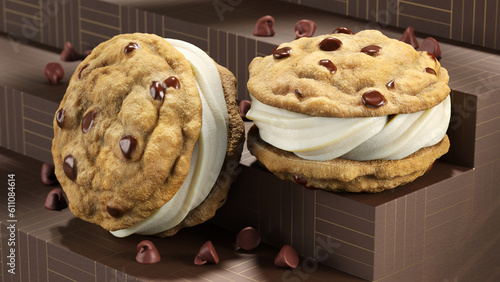 Two Chocolate Chip Ice Cream Sandwiches Rest on Steps (ID: 611084614)