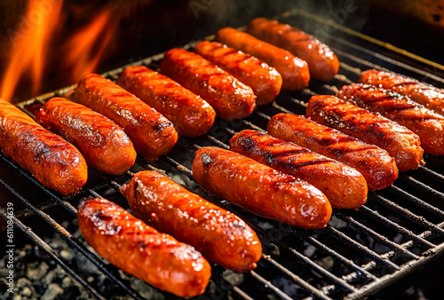 sausages on a grill are cooking, barbecue, close up, generative ai