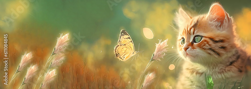 kitten with a butterfly. flowers. Wallpaper. Banner. AI generated