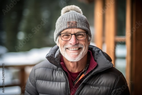 Medium shot portrait photography of a joyful mature man wearing a warm beanie against a mountain cabin background. With generative AI technology