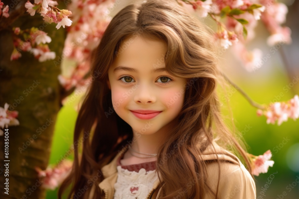 Fototapeta premium Close-up portrait photography of a grinning kid female wearing an elegant long skirt against a cherry blossom background. With generative AI technology