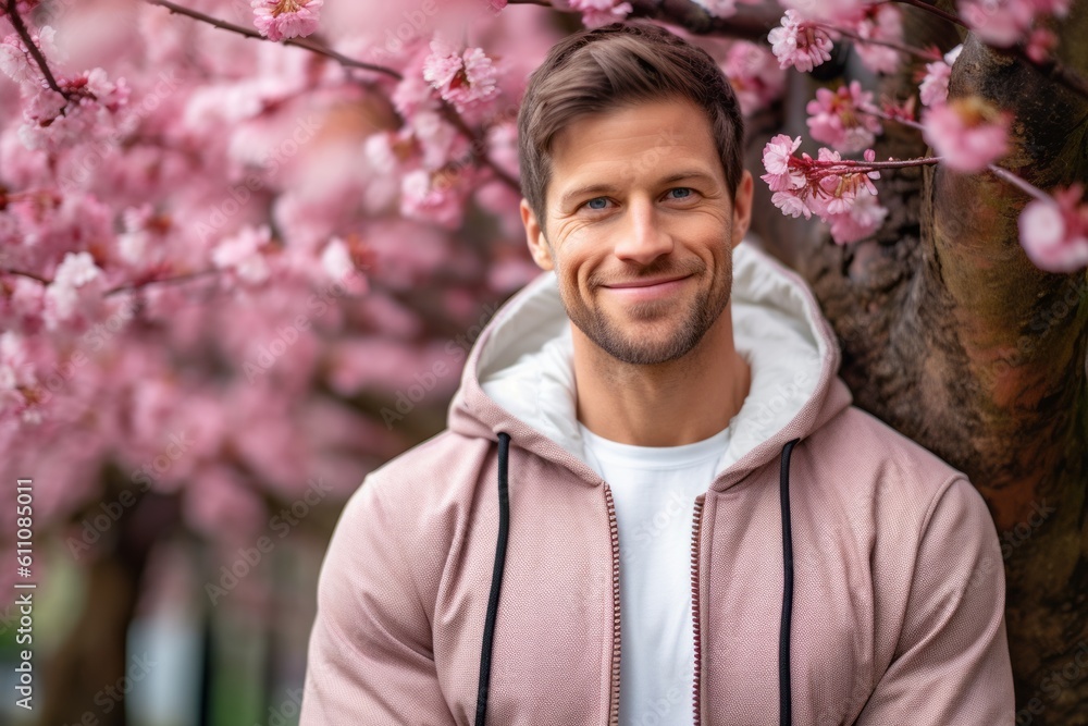 Close-up portrait photography of a satisfied boy in his 30s wearing a cozy zip-up hoodie against a cherry blossom background. With generative AI technology Close-up portrait photography of a satisfied boy in his 30s wearing a cozy zip-up hoodie against a cherry blossom background. With generative AI technology