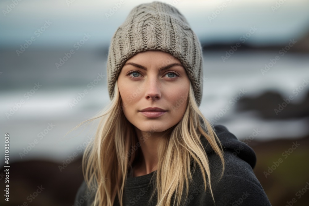 Photography in the style of pensive portraiture of a glad girl in her 30s wearing a warm beanie or knit hat against a serene beach background. With generative AI technology Photography in the style of pensive portraiture of a glad girl in her 30s wearing a warm beanie or knit hat against a serene beach background. With generative AI technology