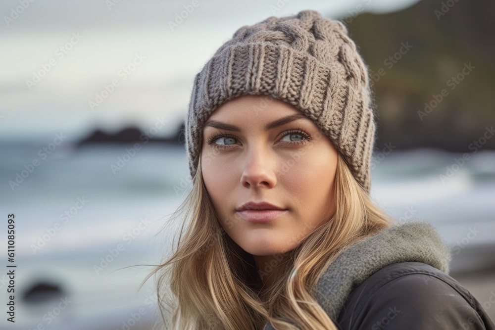 Photography in the style of pensive portraiture of a glad girl in her 30s wearing a warm beanie or knit hat against a serene beach background. With generative AI technology Photography in the style of pensive portraiture of a glad girl in her 30s wearing a warm beanie or knit hat against a serene beach background. With generative AI technology