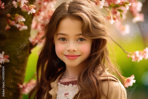 Close-up portrait photography of a grinning kid female wearing an elegant long skirt against a cherry blossom background. With generative AI technology