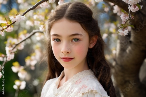 Close-up portrait photography of a grinning kid female wearing an elegant long skirt against a cherry blossom background. With generative AI technology