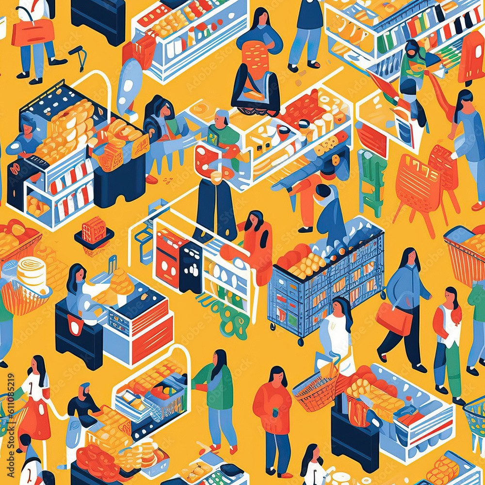 People shopping in a supermarket cartoon seamless repeat pattern [Generative AI]
