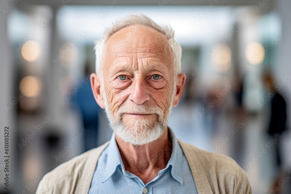 Close-up portrait photography of a satisfied old man wearing a classy button-up shirt against a modern art gallery background. With generative AI technology Close-up portrait photography of a satisfied old man wearing a classy button-up shirt against a modern art gallery background. With generative AI technology