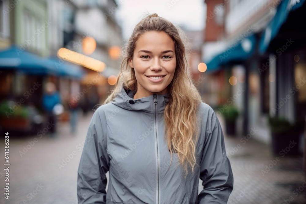 Environmental portrait photography of a satisfied girl in her 30s wearing a comfortable tracksuit against a small town main street background. With generative AI technology