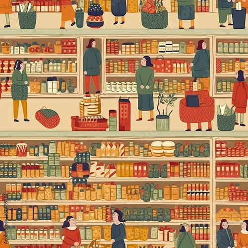 People shopping in a supermarket cartoon seamless repeat pattern [Generative AI]  © Roman