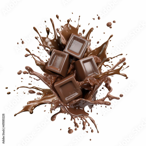 Chocolate cube blocks splashing into a liquid chocolate splash. Generative A.I. © matis75