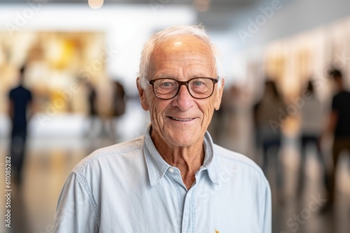 Close-up portrait photography of a satisfied old man wearing a classy button-up shirt against a modern art gallery background. With generative AI technology