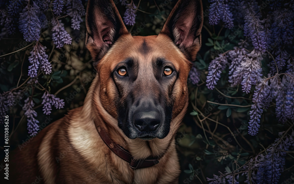 german shepherd dog with purple flowers. Generative AI image. german shepherd dog with purple flowers. Generative AI image.