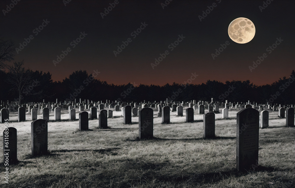 Old cemetery at night with moon in the sky. Halloween concept. Generative AI.