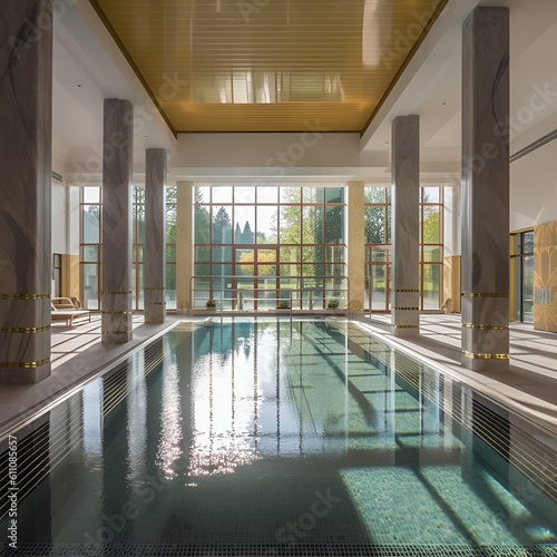 Thermal pools in the SPA interior with ceiling lighting, thermal water supports the healing process and strengthens the immune system, regenerating AI content. photo