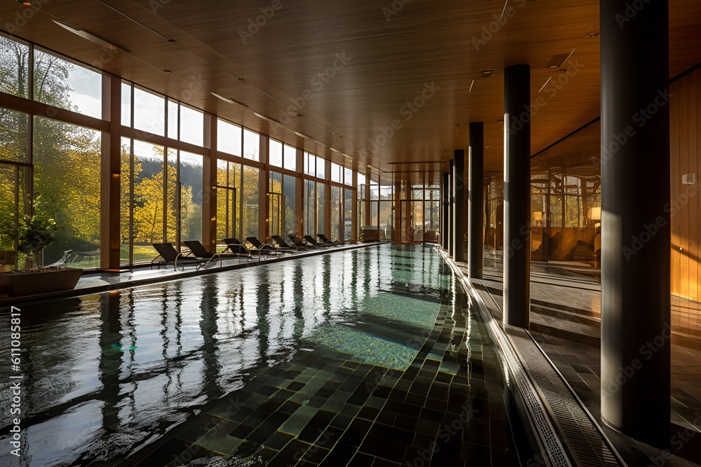 Curated visual reference: Fresh Look at Thermal Pools In The Spa Interior With Ceiling Lighting Thermal