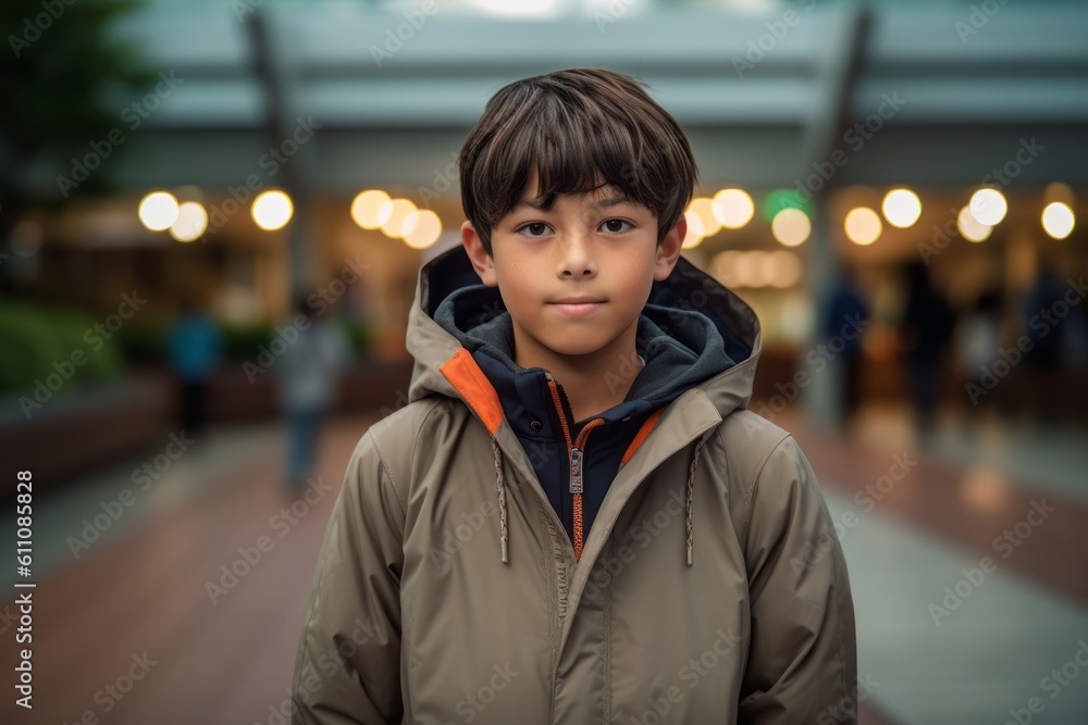 Medium shot portrait photography of a glad kid male wearing a lightweight windbreaker against a school campus background. With generative AI technology Medium shot portrait photography of a glad kid male wearing a lightweight windbreaker against a school campus background. With generative AI technology
