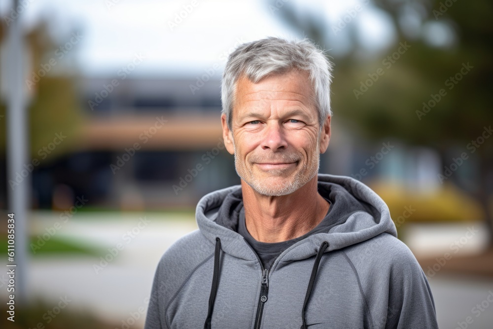 Headshot portrait photography of a satisfied mature man wearing a comfortable hoodie against a school campus background. With generative AI technology Headshot portrait photography of a satisfied mature man wearing a comfortable hoodie against a school campus background. With generative AI technology