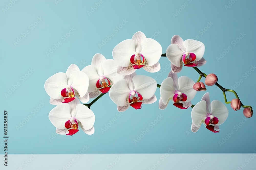 Blooming white phalaenopsis on a blue background. Generative AI - obrazy, fototapety, plakaty 
