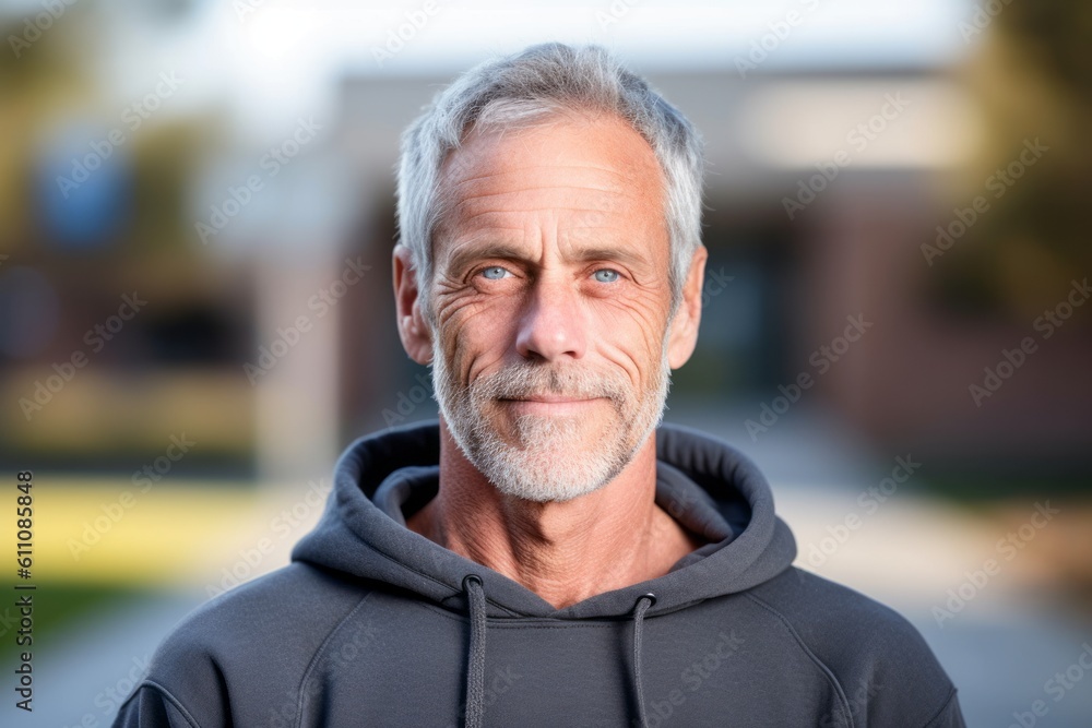 Headshot portrait photography of a satisfied mature man wearing a comfortable hoodie against a school campus background. With generative AI technology Headshot portrait photography of a satisfied mature man wearing a comfortable hoodie against a school campus background. With generative AI technology